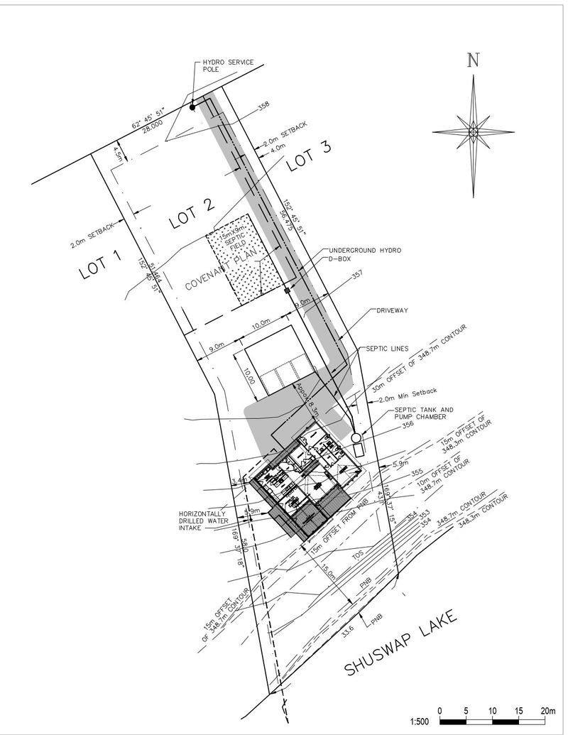 Site plan of a narrow lakefront lot drawn at 1:500. A driveway runs from the road down the east side to a house near the lake. A 15 by 9 metre septic field sits inside a covenant area in the middle of the lot. Contour lines and 10, 15 and 30 metre offset lines from the lake run across the lower part of the lot.